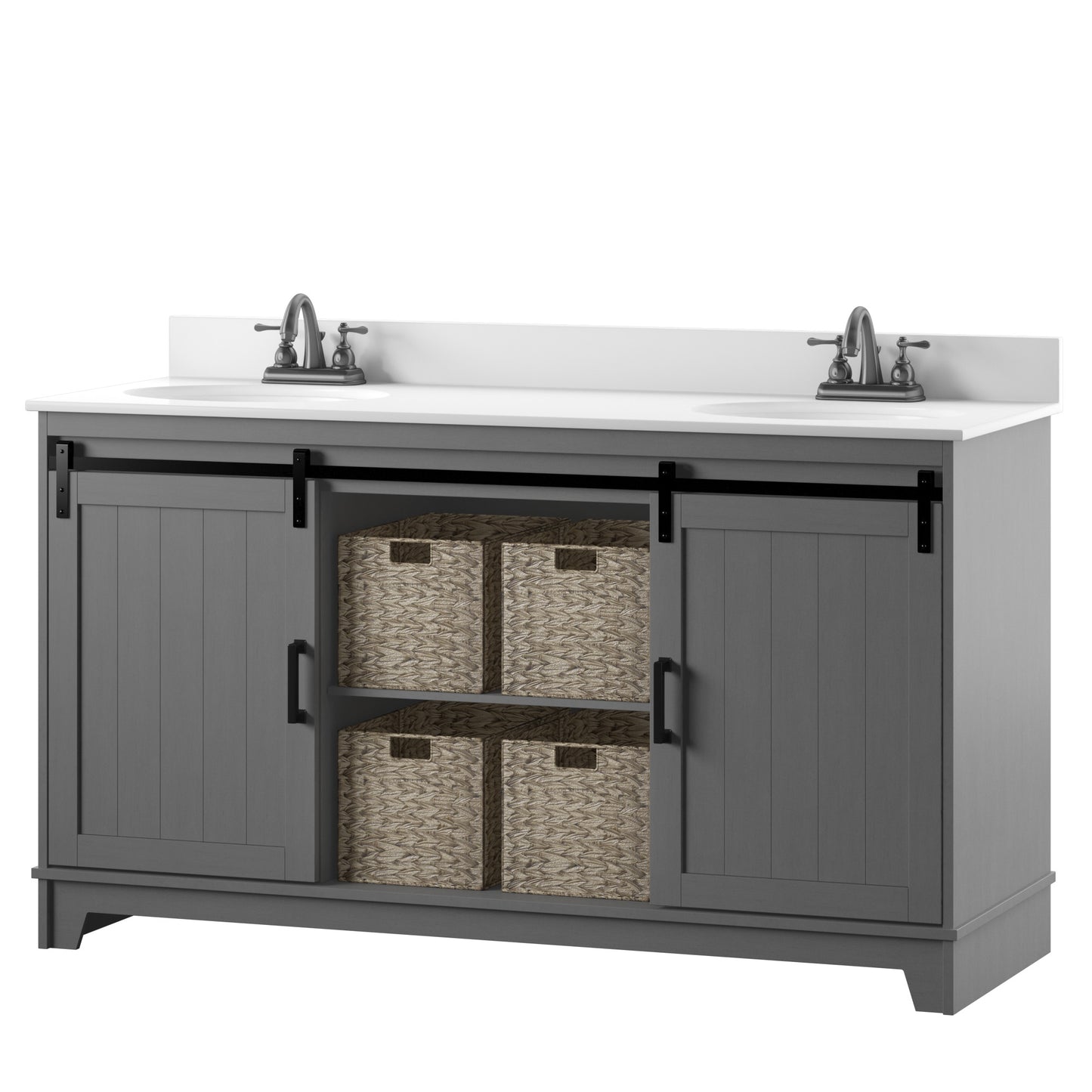 60" Sliding Barn Door Double Sink Bathroom Vanity with 4 Woven Baskets