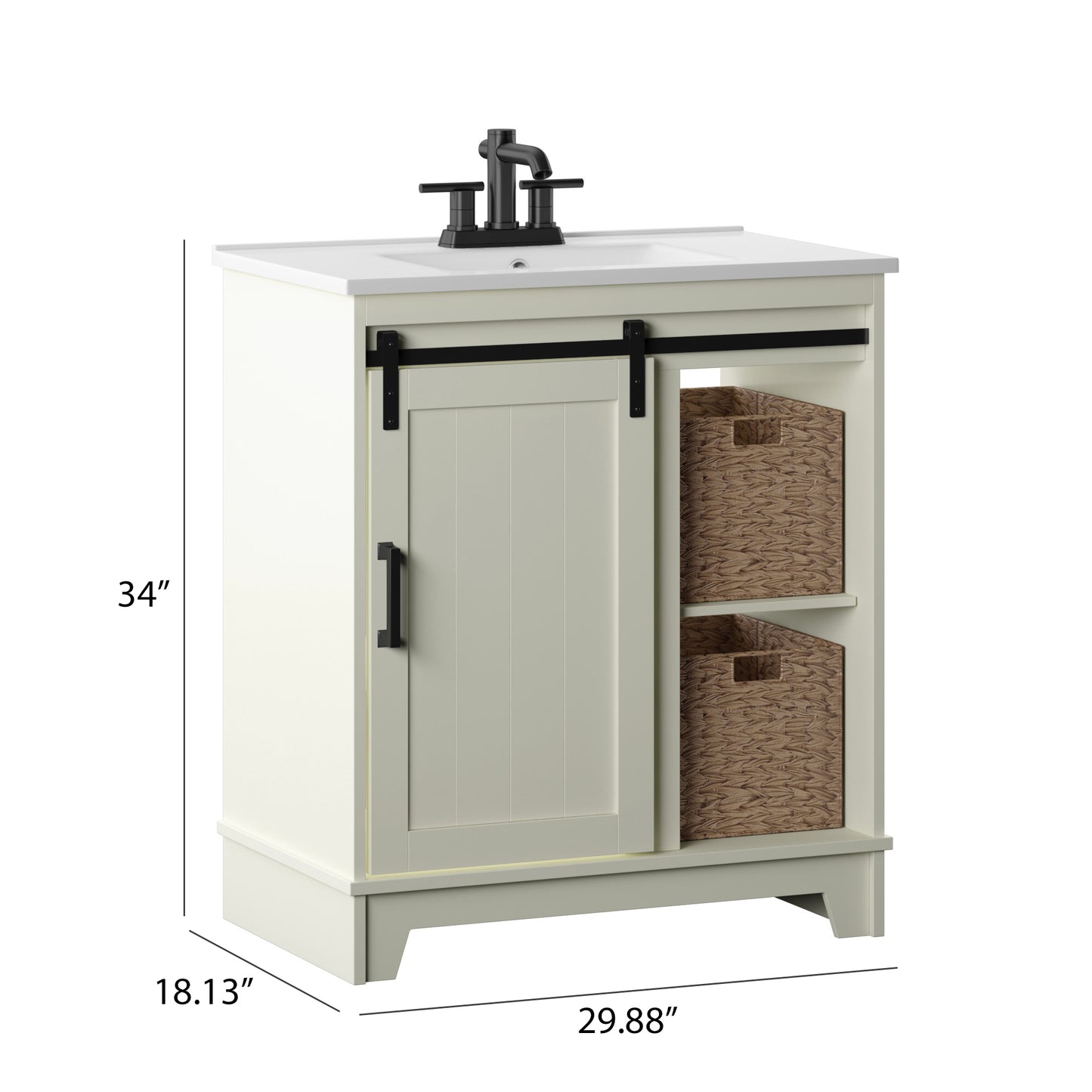 30" Sliding Barn Door Single Bathroom Vanity with Woven Baskets