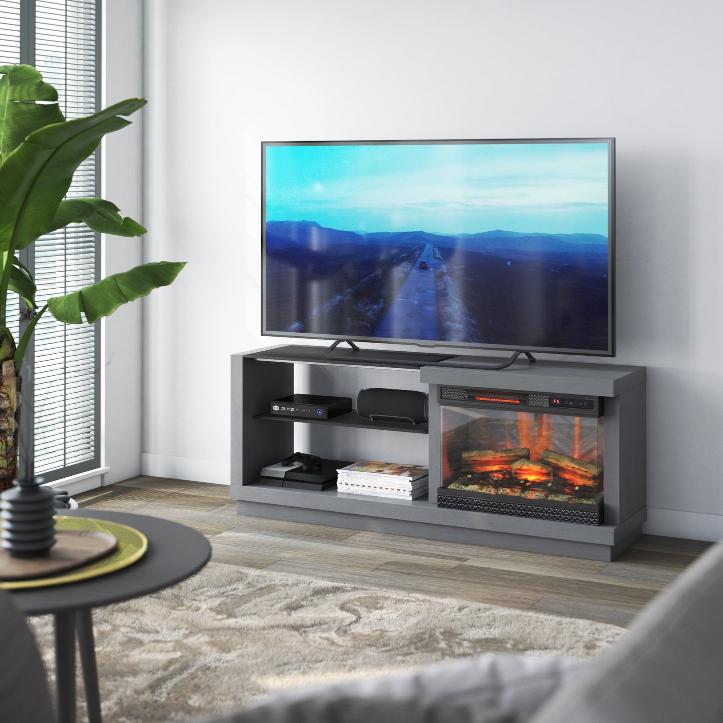 TV Stand for TVs up to 65" with ClassicFlame® PanoGlow Electric Fireplace, Antique Gray