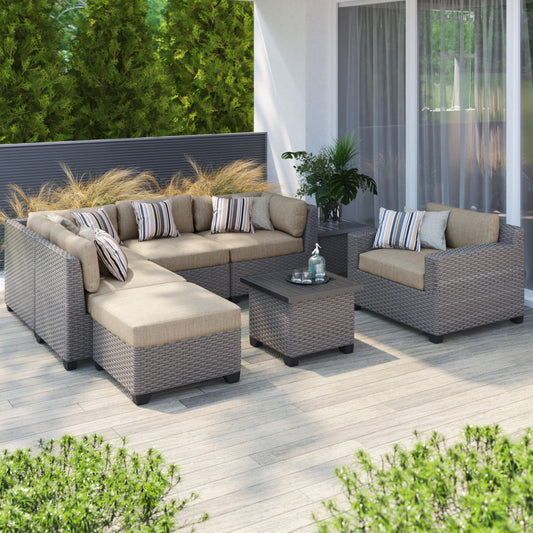A wicker outdoor patio set