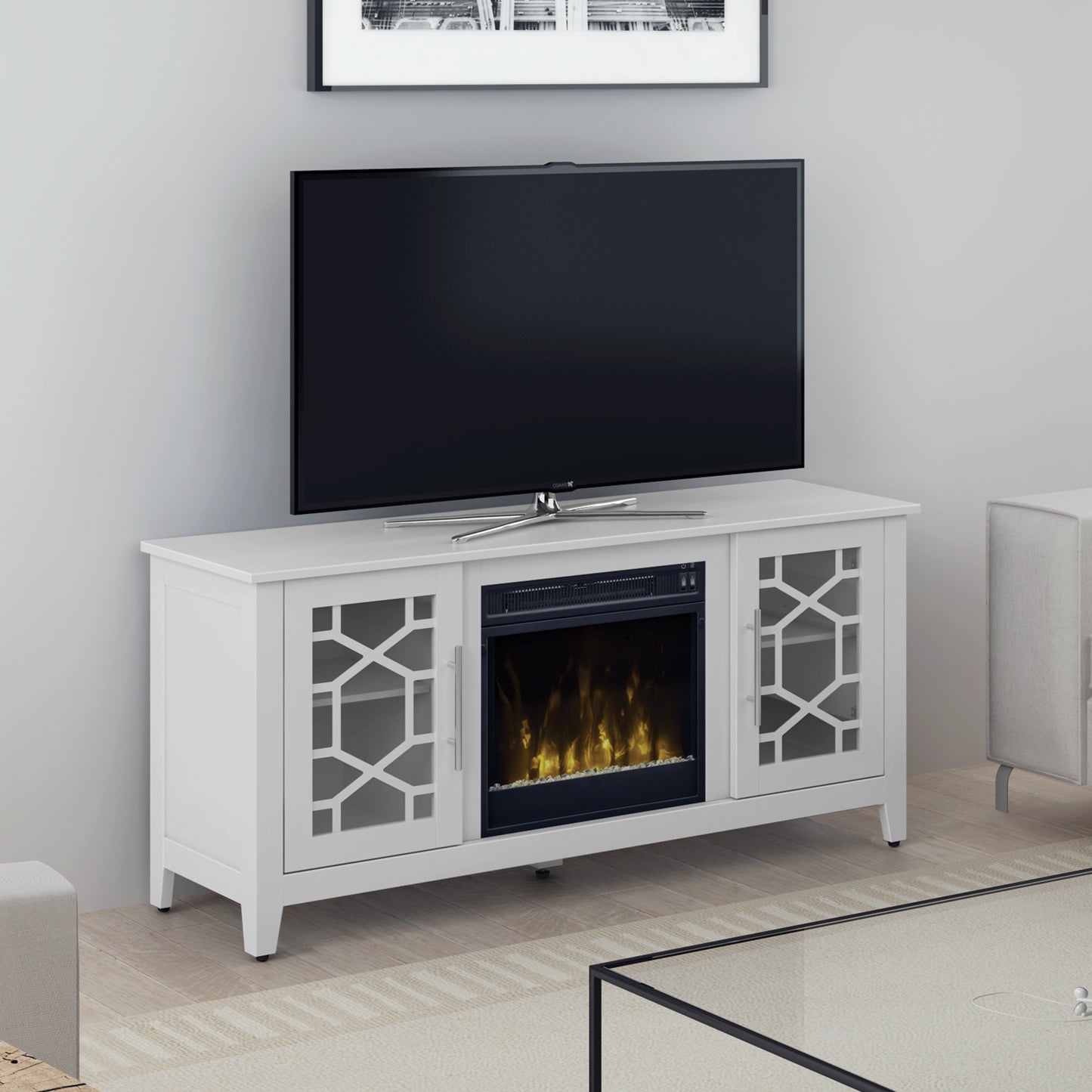 Clarion TV Stand for TVs up to 60" with 18" Electric Fireplace, Pure White