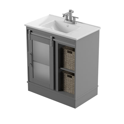 30" Contemporary Sliding Barn Door Single Bathroom Vanity with Woven Baskets