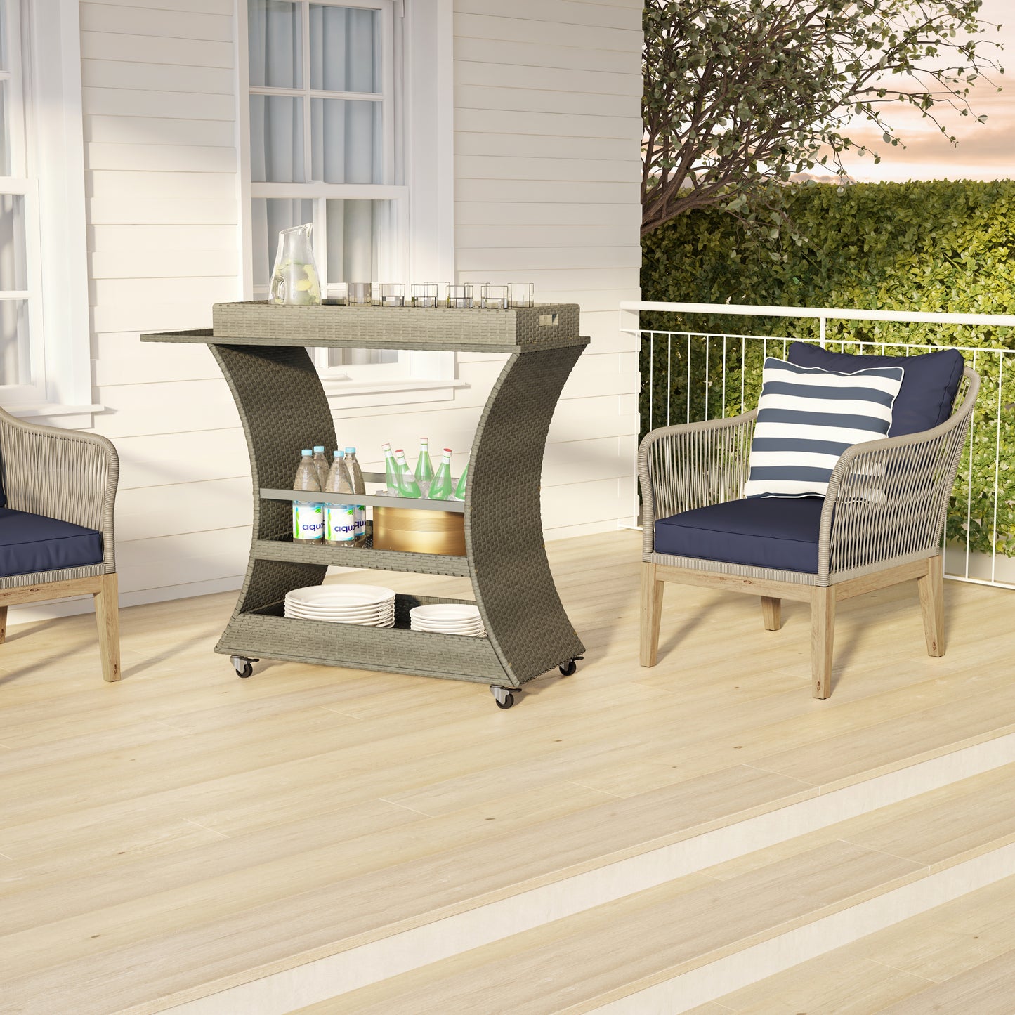 TK Classics Outdoor Wicker Bar Cart with Serving Tray