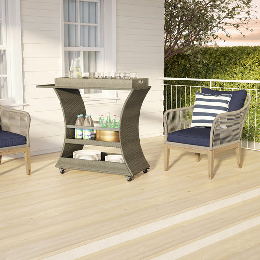 TK Classics Outdoor Wicker Bar Cart with Serving Tray