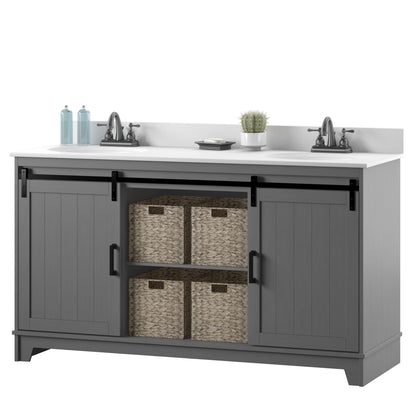 60" Sliding Barn Door Double Sink Bathroom Vanity with 4 Woven Baskets