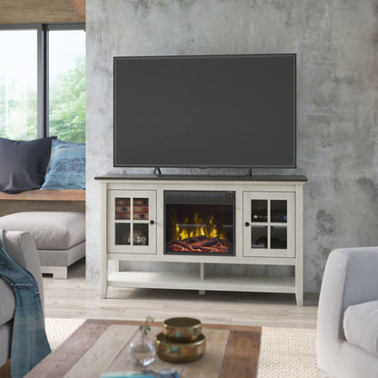 TV Stand for TVs up to 60" with Electric Fireplace and Window Pane Glass Doors