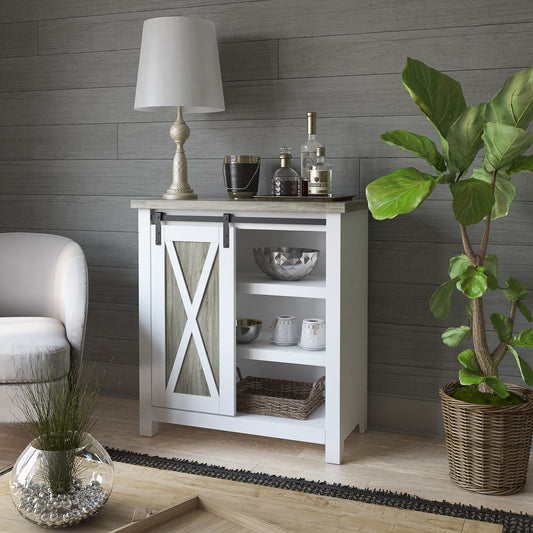 Two Tone Accent Cabinet with Sliding Barn Door and Adjustable Shelving