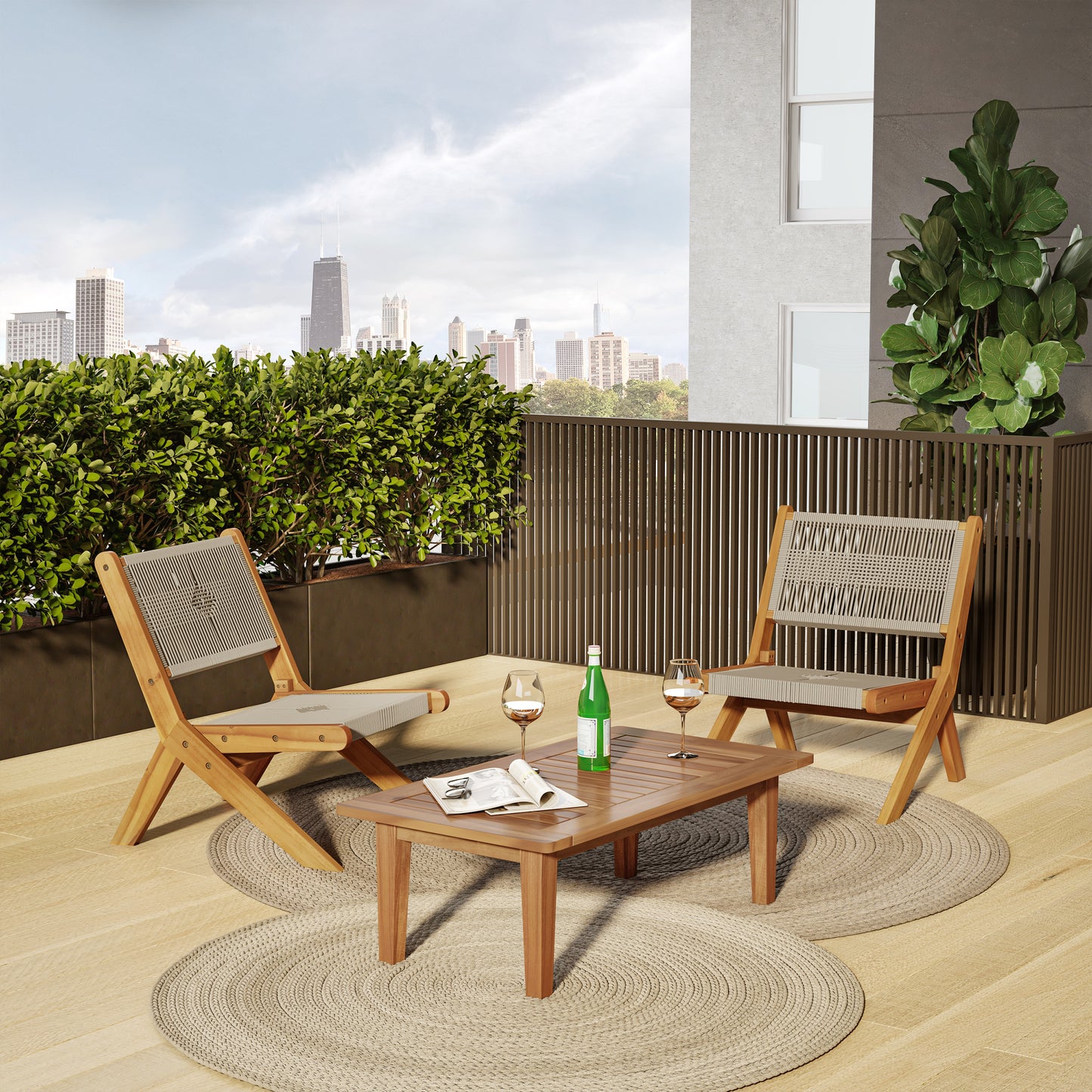 TK Classics 3 Piece Acacia Conversation Set with Folding Seating