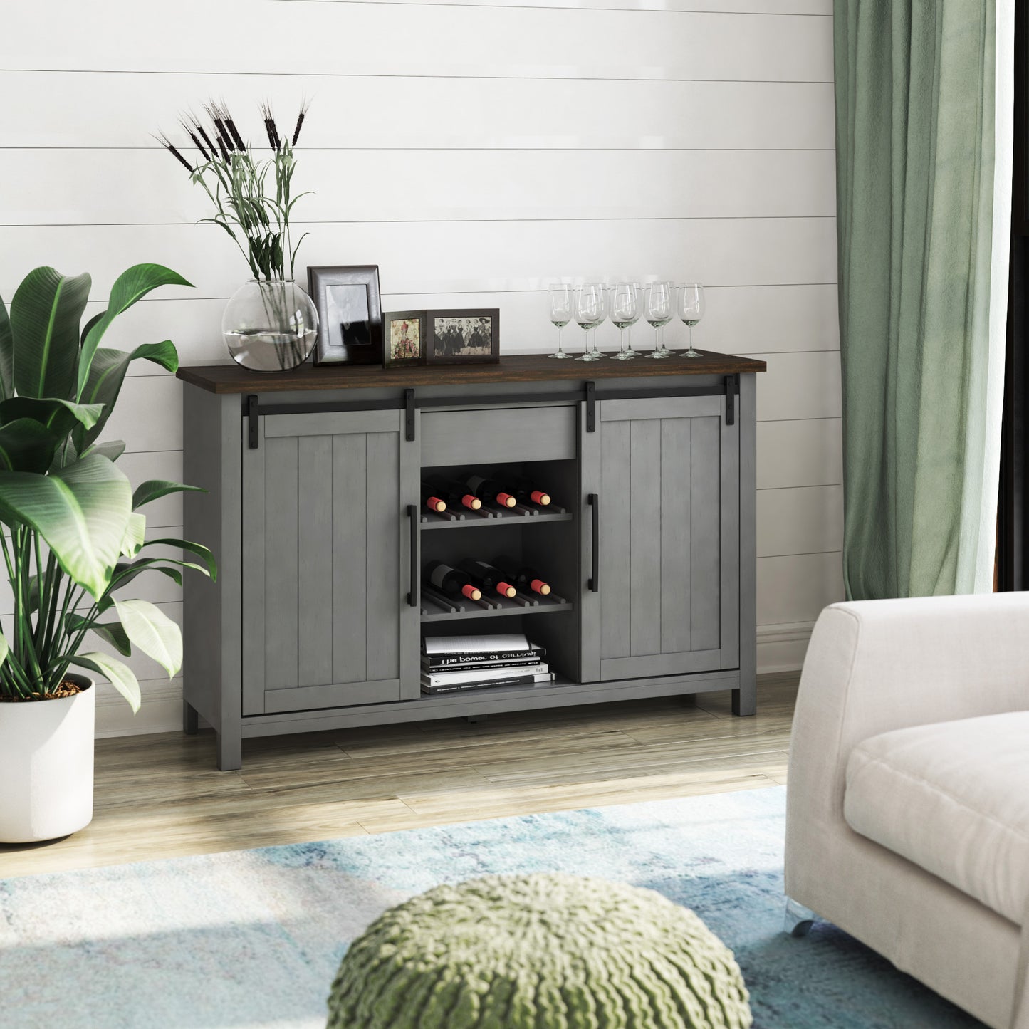 Modern Farmhouse Sideboard with Wine Storage and Sliding Barn Doors