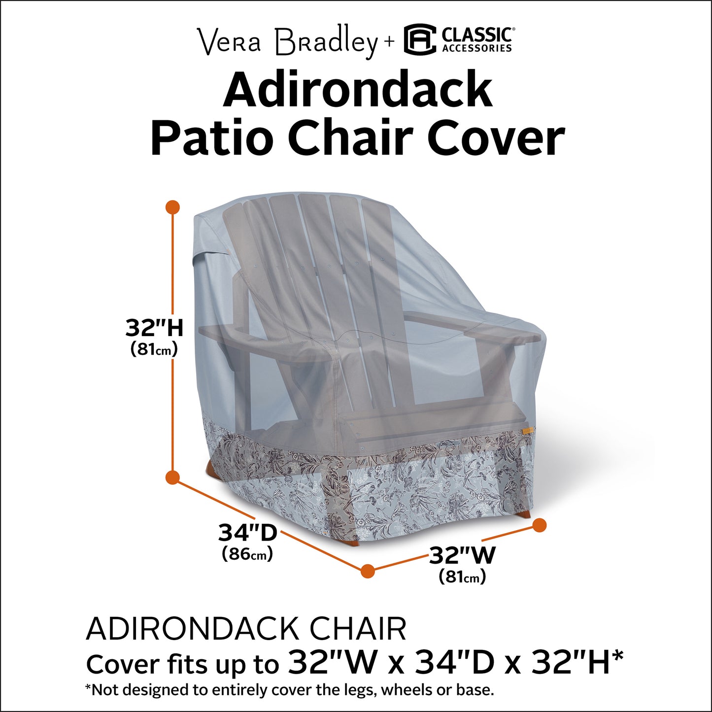 Vera Bradley by Classic Accessories Water-Resistant Adirondack Patio Chair Cover, 32 x 34 x 32 Inch, Rain Forest Toile Gray