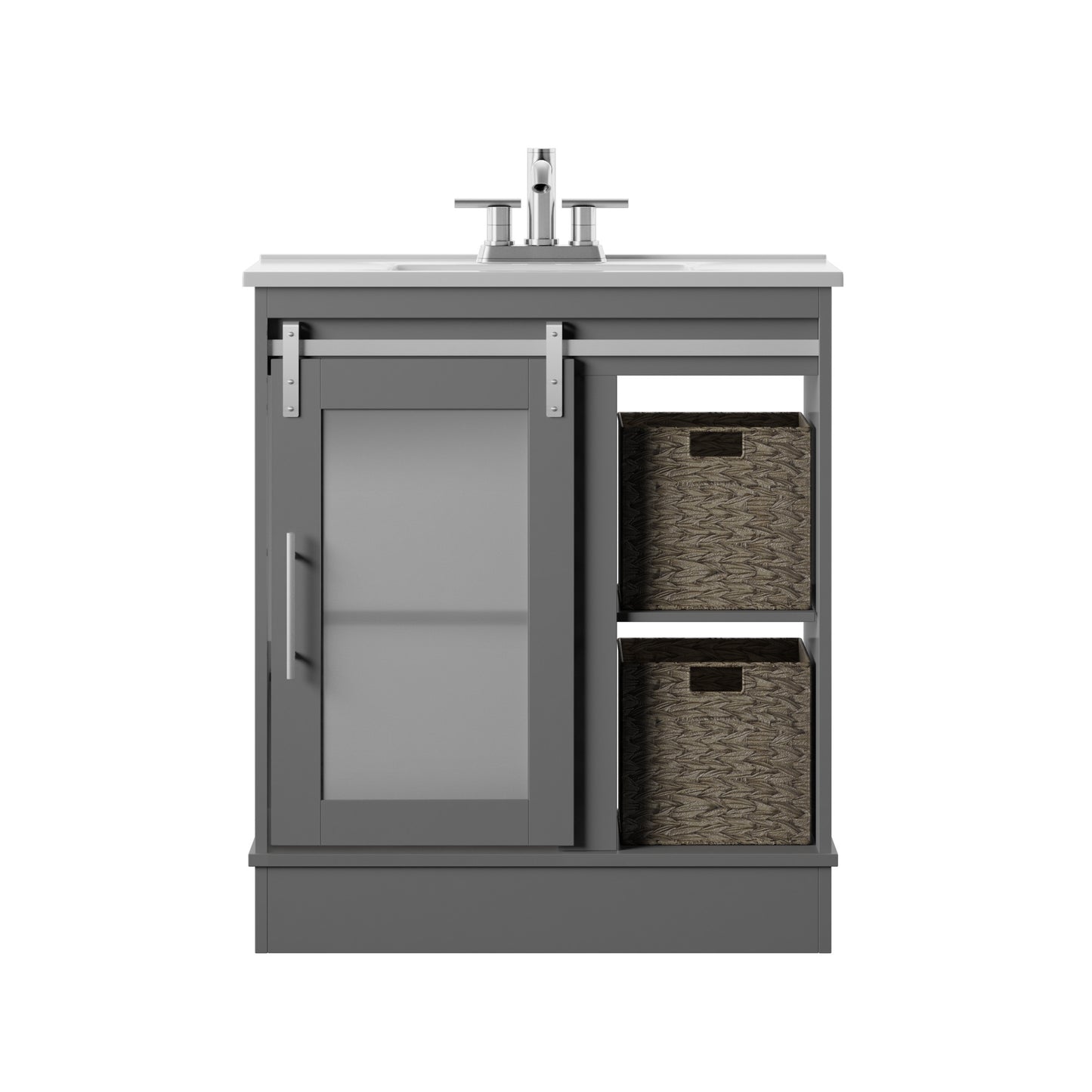 30" Contemporary Sliding Barn Door Single Bathroom Vanity with Woven Baskets