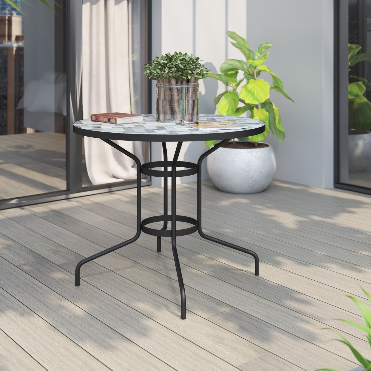 TK Classics Round Outdoor Dining Table with Gray Mosaic Tabletop, 35"W
