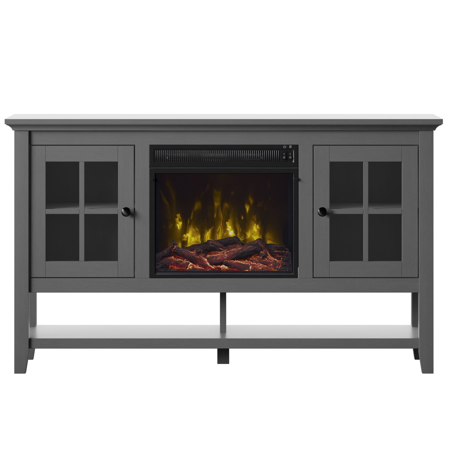 TV Stand for TVs up to 60" with Electric Fireplace and Window Pane Glass Doors
