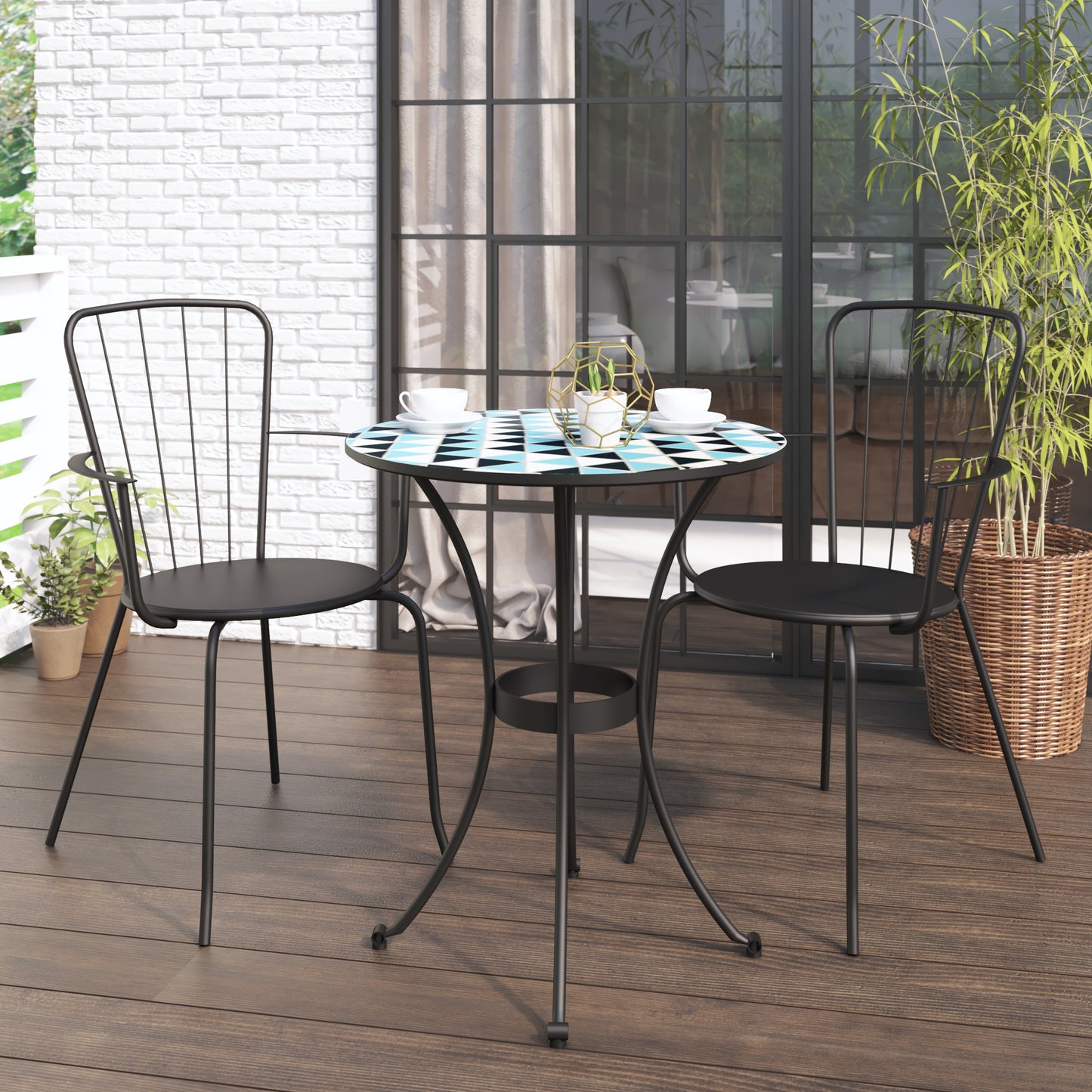TK Classics 3 Piece Outdoor Dining Set with Geometric Mosaic Tabletop, 24”W