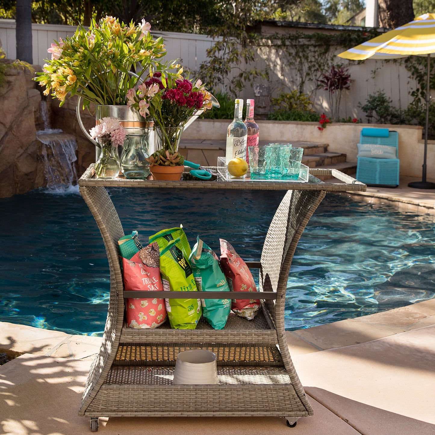 TK Classics Outdoor Wicker Bar Cart with Serving Tray