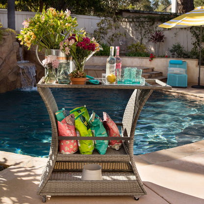 TK Classics Outdoor Wicker Bar Cart with Serving Tray