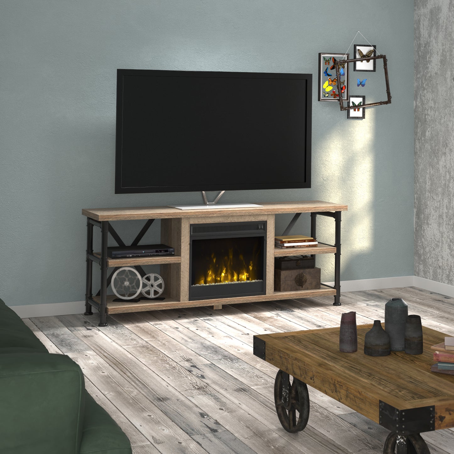 Irondale TV Stand for TVs up to 65" with Electric Fireplace, Autumn Driftwood