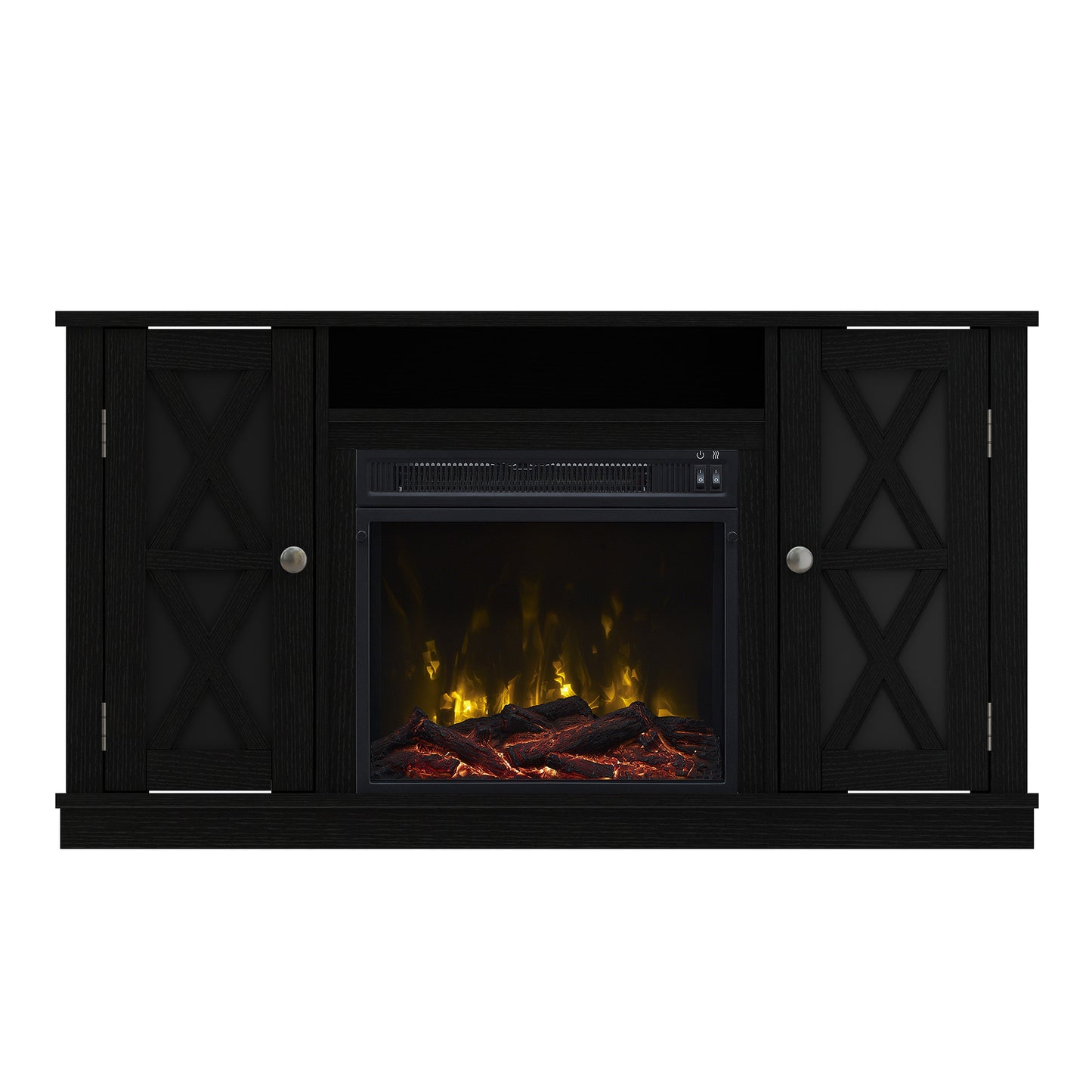 TV Stand for TVs up to 55" with Electric Fireplace and Glass Doors with X Mullions