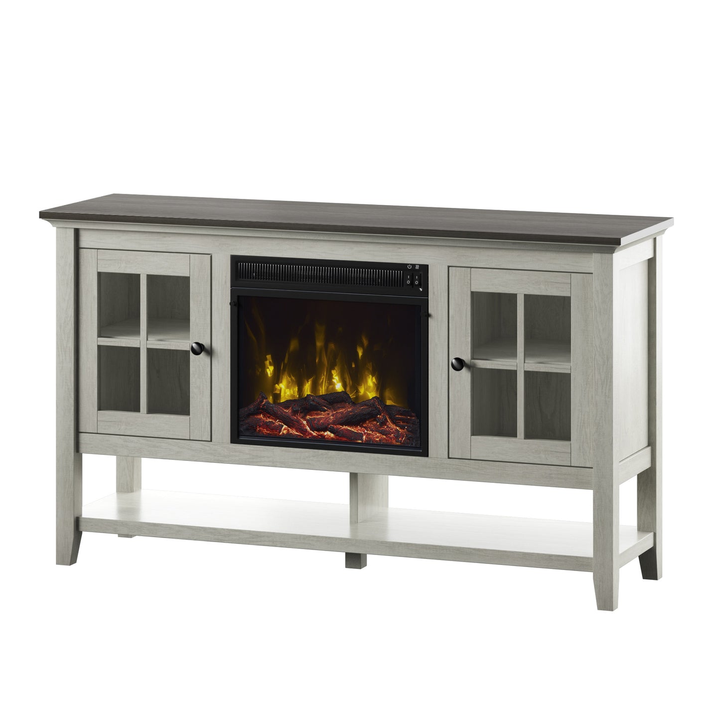 TV Stand for TVs up to 60" with Electric Fireplace and Window Pane Glass Doors