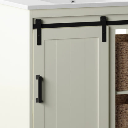30" Sliding Barn Door Single Bathroom Vanity with Woven Baskets