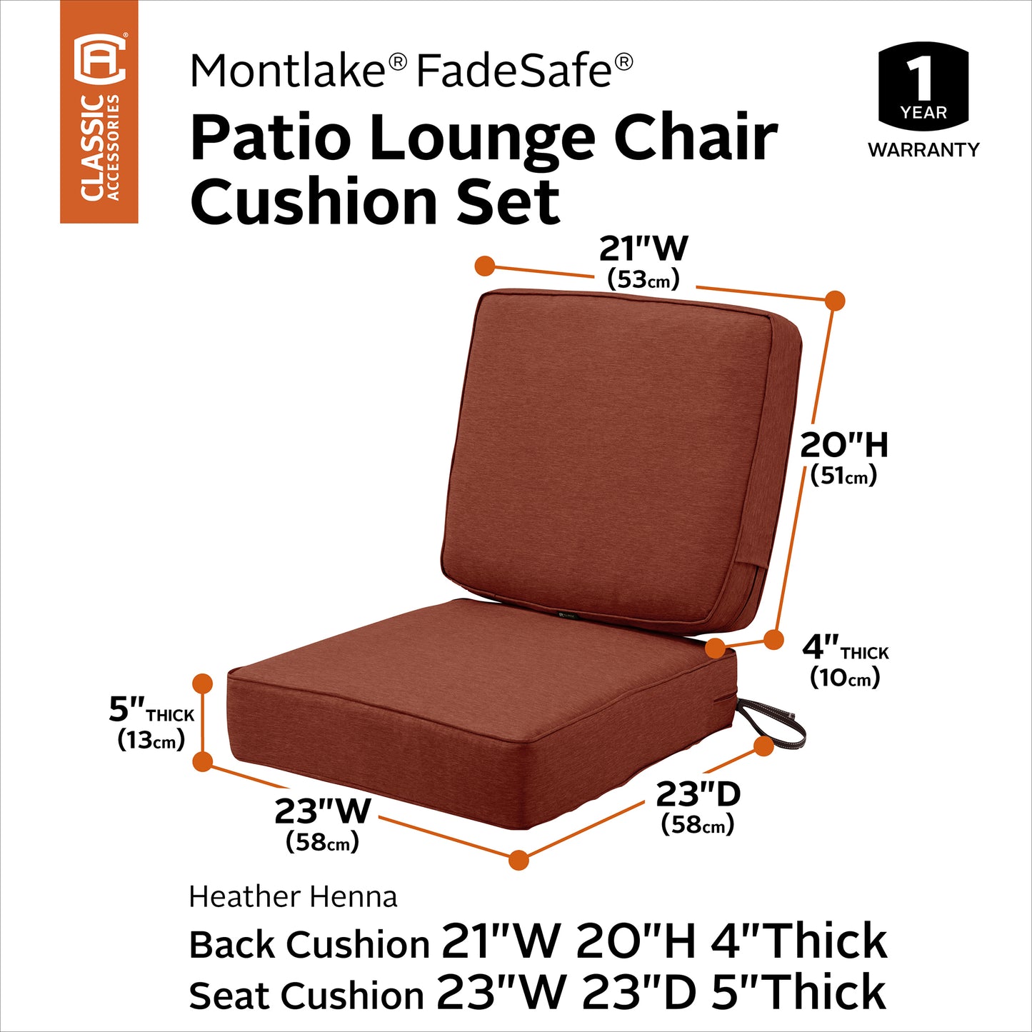 Classic Accessories Montlake FadeSafe Weatherproof Outdoor Chair Cushion, Set of 2