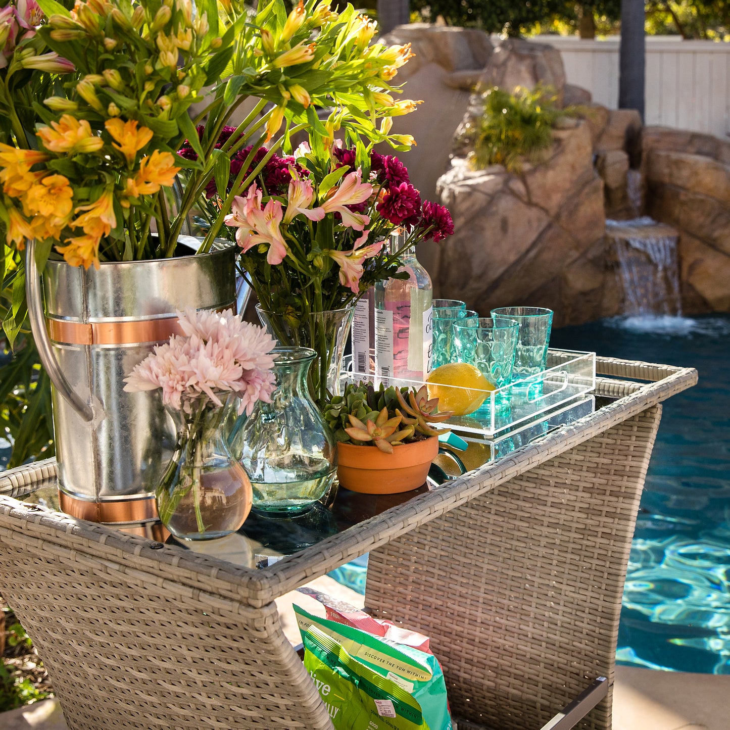 TK Classics Outdoor Wicker Bar Cart with Serving Tray