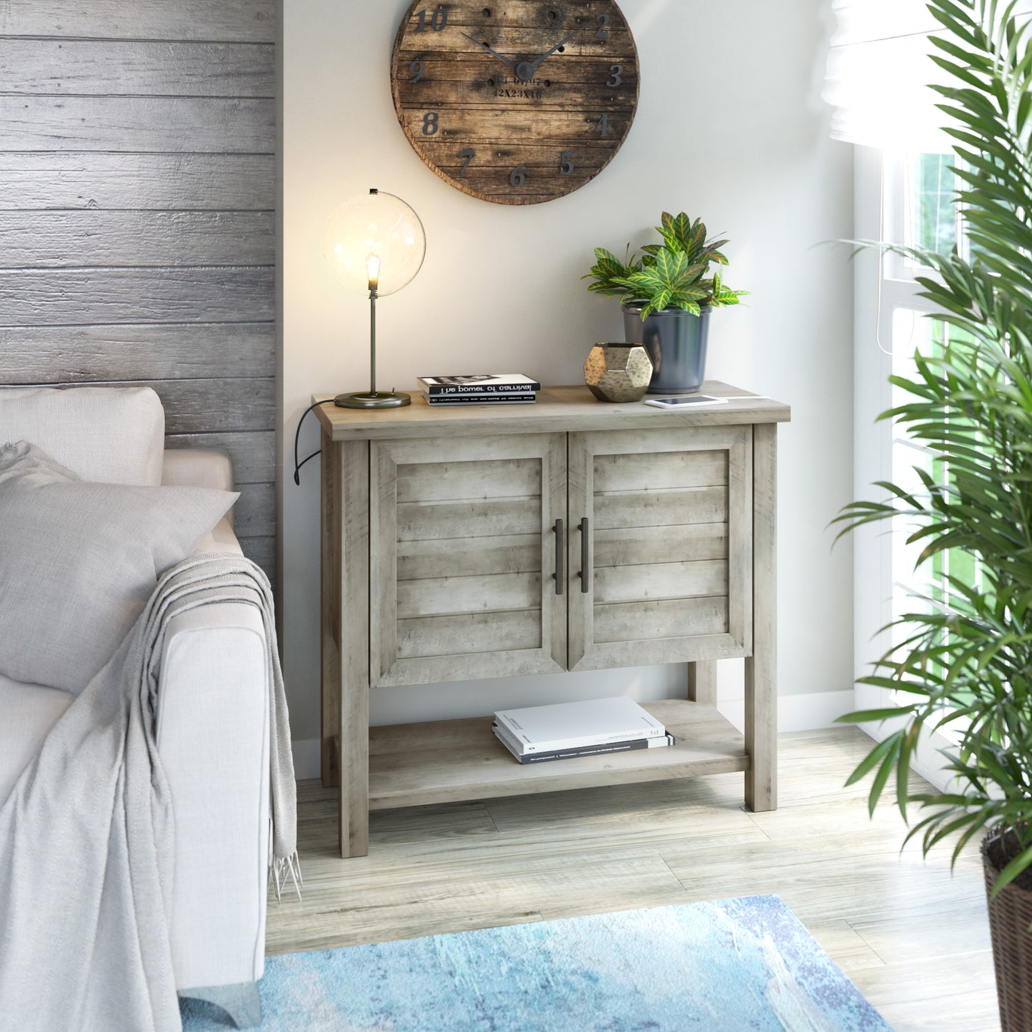 Console Table with USB Charging Ports and Louvered Doors