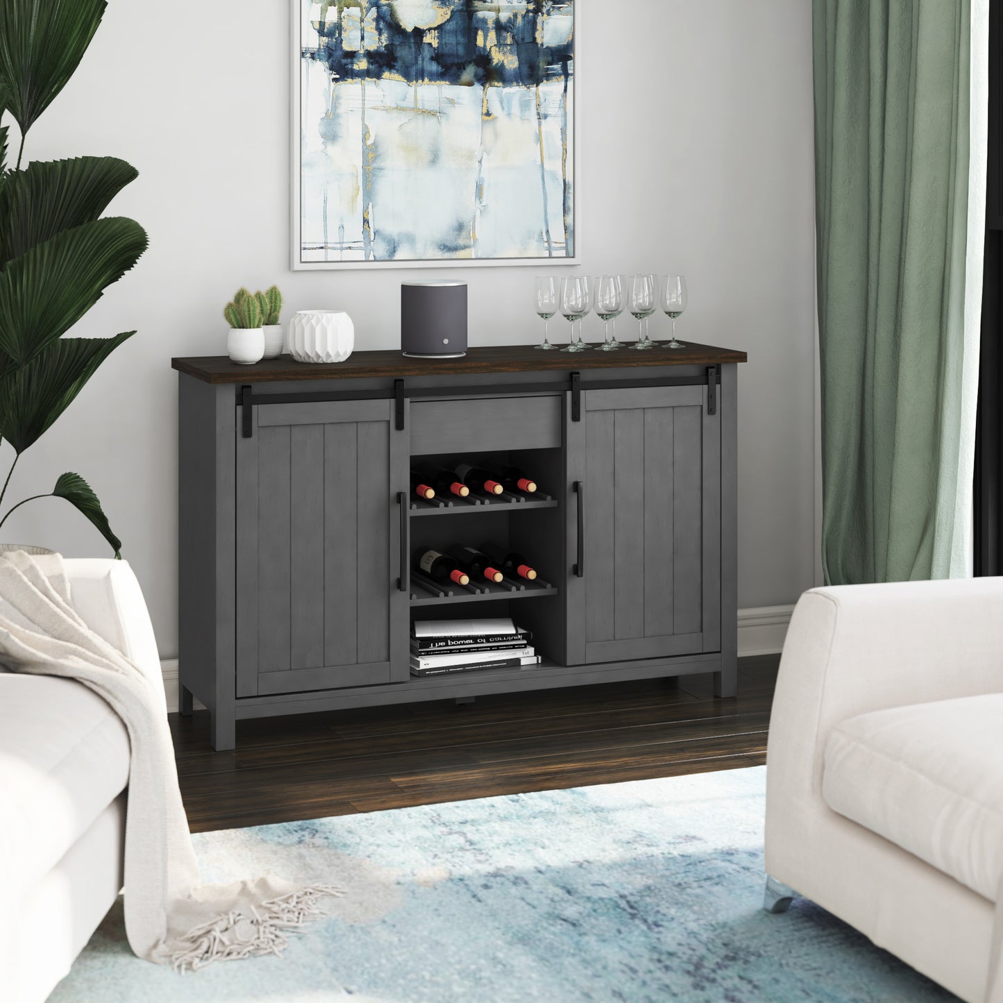 Modern Farmhouse Sideboard with Wine Storage and Sliding Barn Doors