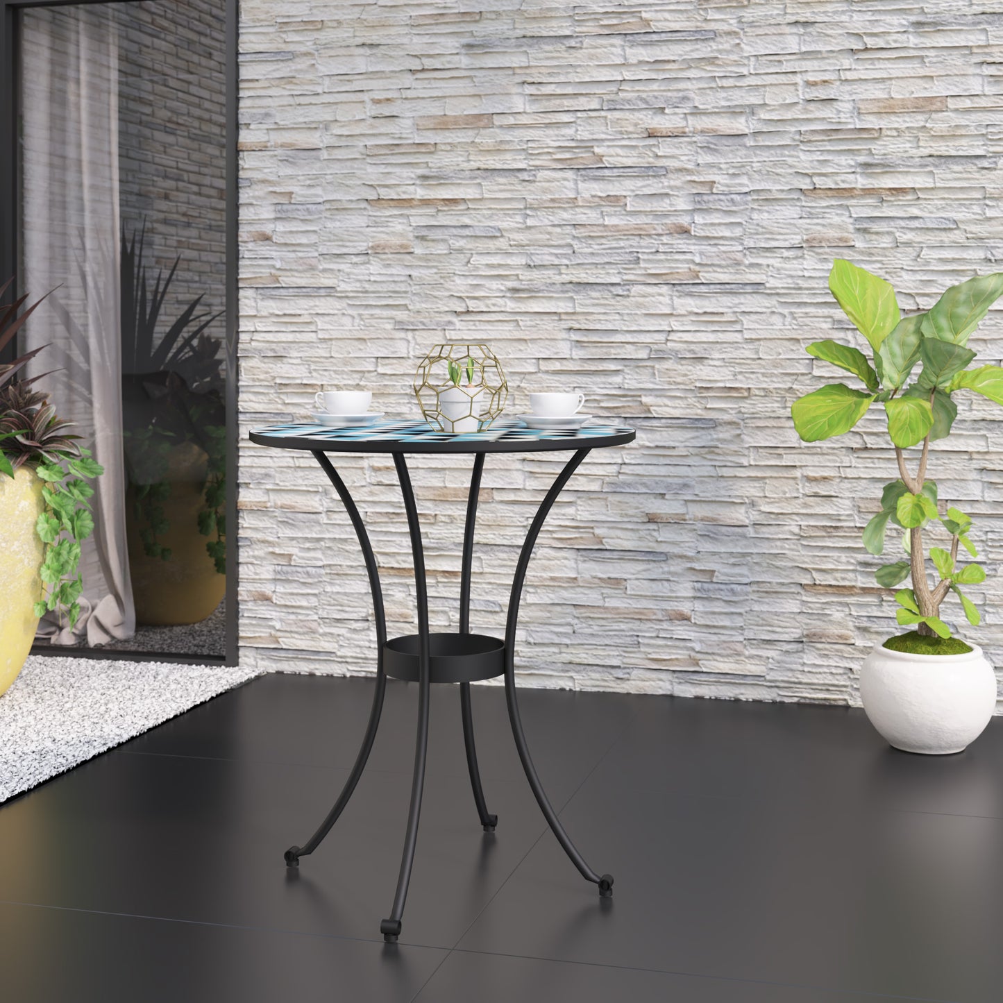 TK Classics Round Outdoor Dining Table with Geometric Mosaic Tabletop, 24” W