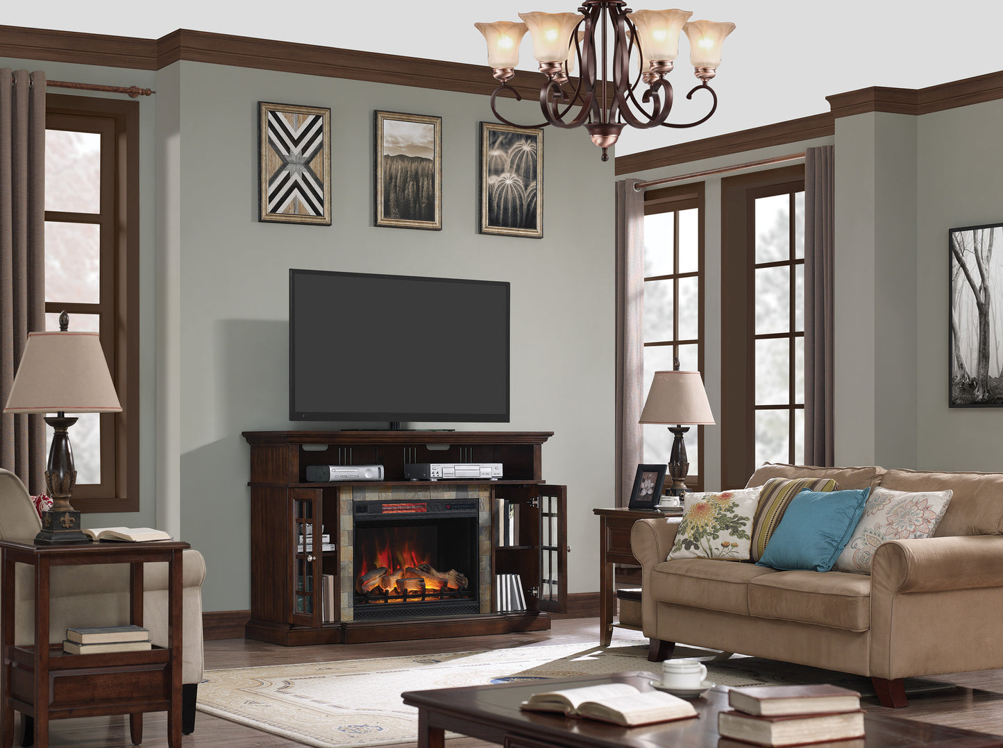 Lakeland TV Stand for TVs up to 65", Roasted Cherry (Electric Fireplace Insert sold separately)