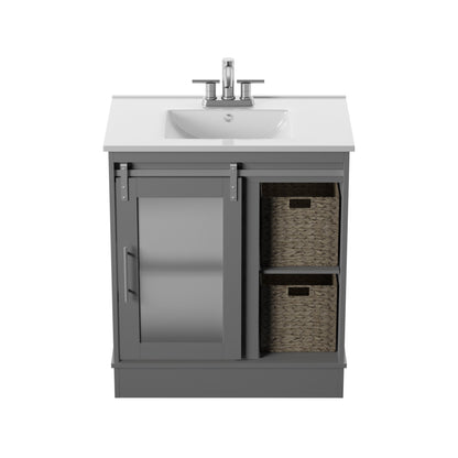 30" Contemporary Sliding Barn Door Single Bathroom Vanity with Woven Baskets