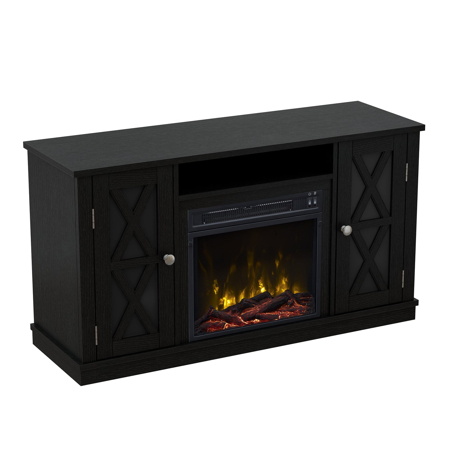 TV Stand for TVs up to 55" with Electric Fireplace and Glass Doors with X Mullions