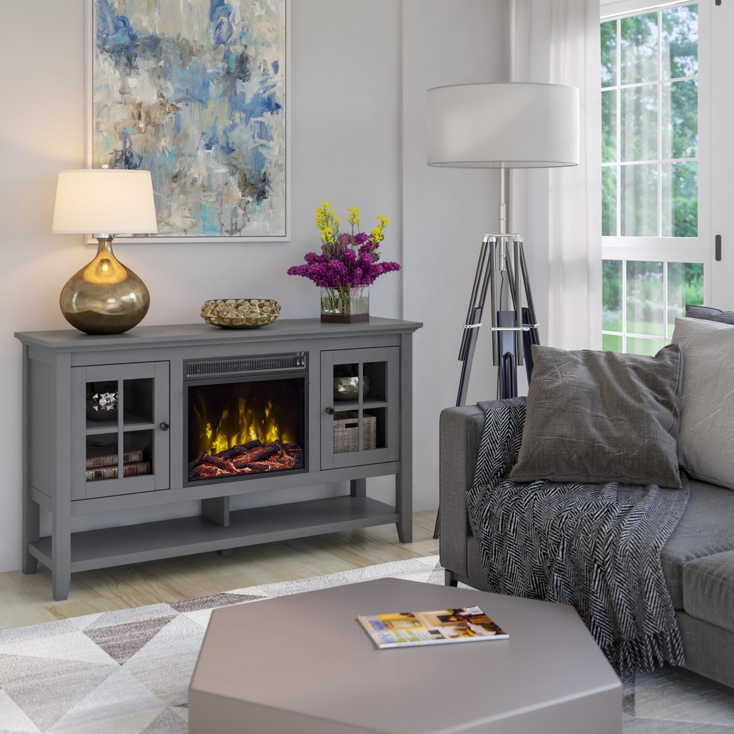 TV Stand for TVs up to 60" with Electric Fireplace and Window Pane Glass Doors