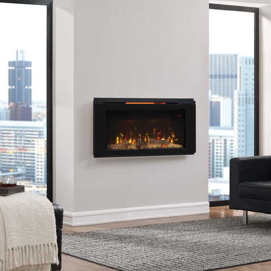 Modern living room with a wall-mounted electric fireplace and cityscape view.