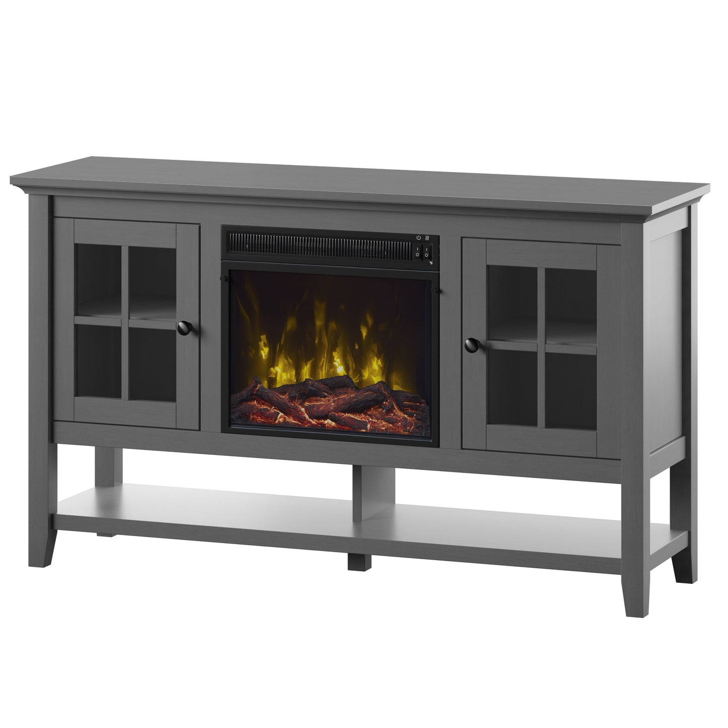 TV Stand for TVs up to 60" with Electric Fireplace and Window Pane Glass Doors