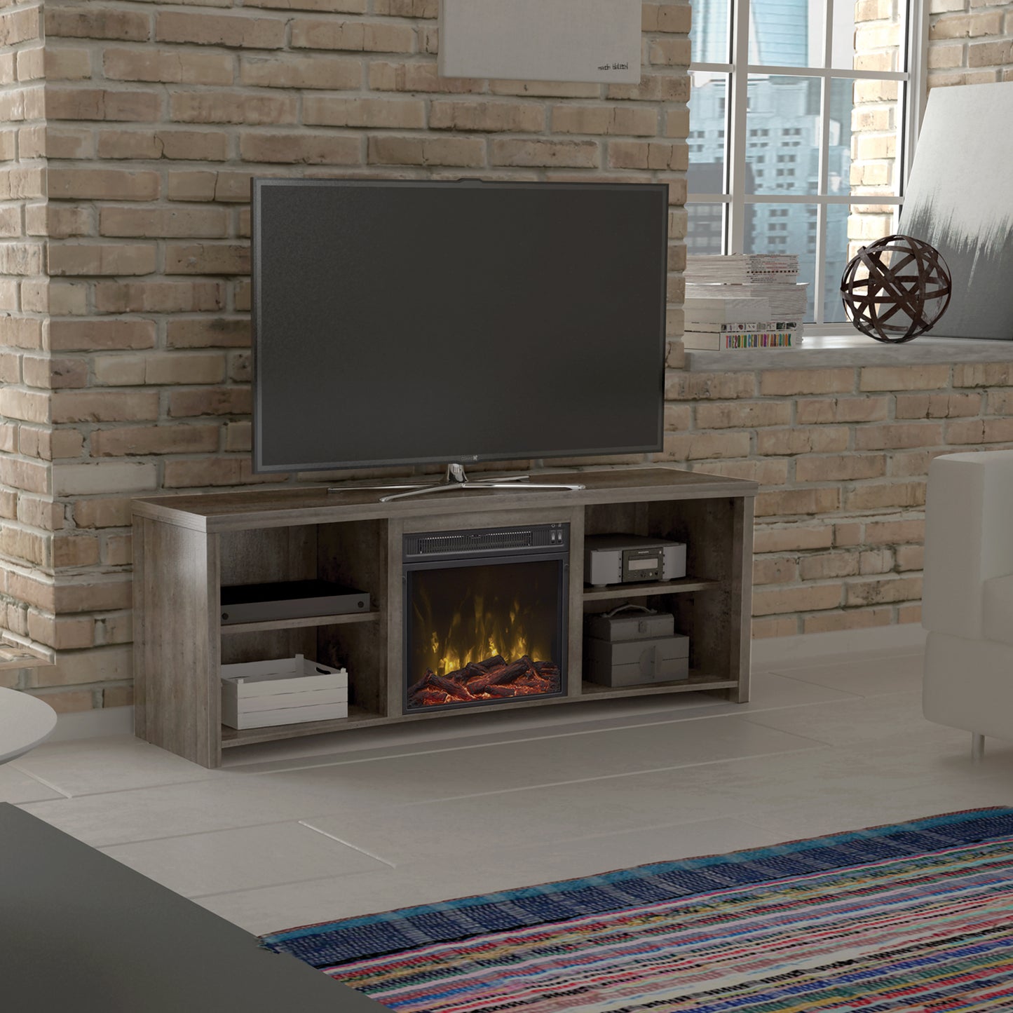 Shelter Cove TV Stand for TVs up to 65" with Electric Fireplace, Valley Pine