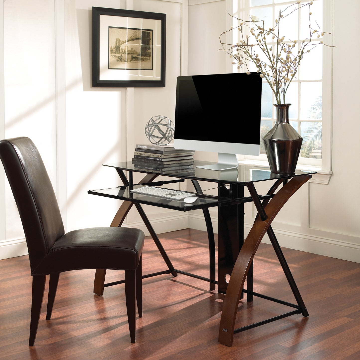Home Office Computer Desk, Tinted Tempered Glass Top and Keyboard Tray with Curved Wood Sides, Espresso