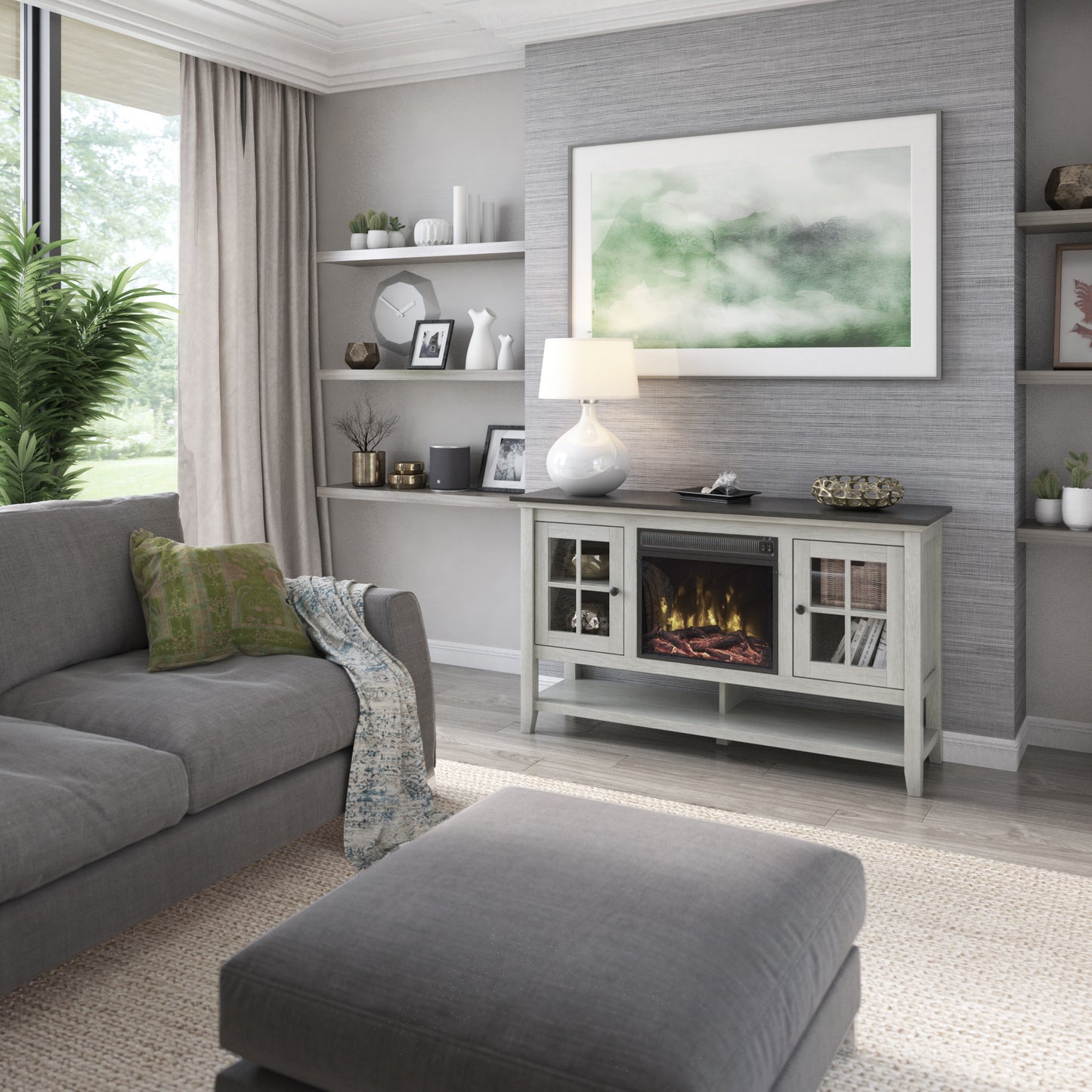 TV Stand for TVs up to 60" with Electric Fireplace and Window Pane Glass Doors