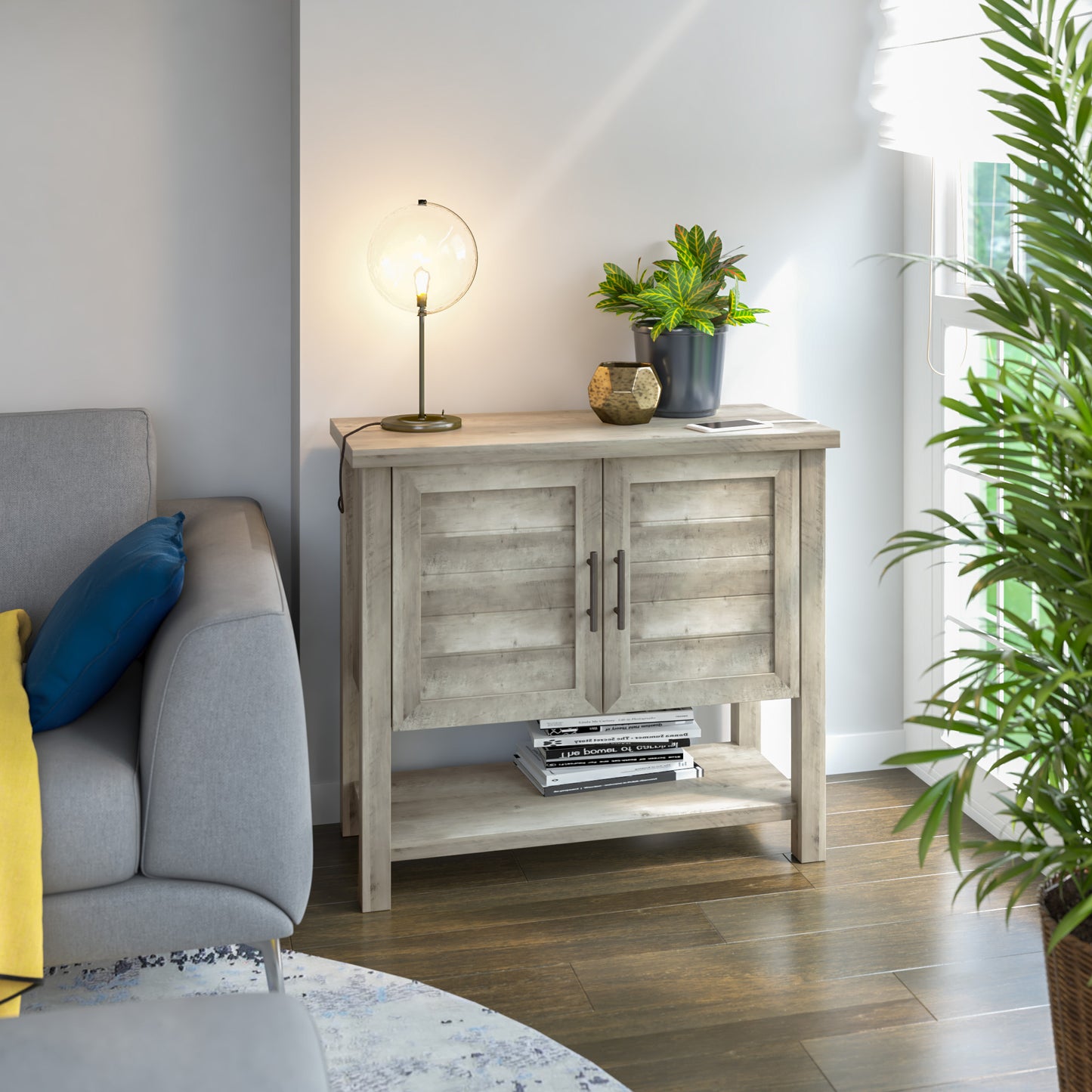Console Table with USB Charging Ports and Louvered Doors