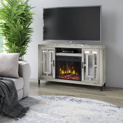 TV Stand for TVs up to 60" with Electric Fireplace and Mirrored Cabinet Doors