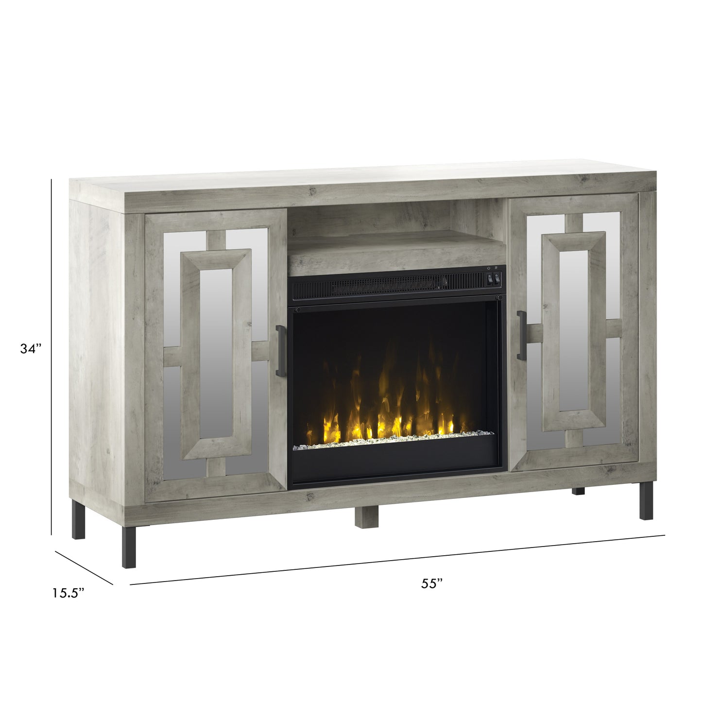 TV Stand for TVs up to 60" with Electric Fireplace and Mirrored Cabinet Doors