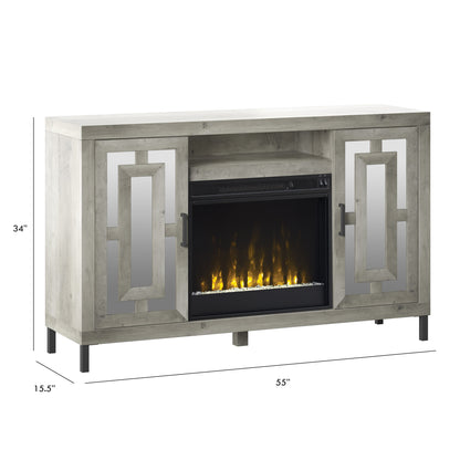 TV Stand for TVs up to 60" with Electric Fireplace and Mirrored Cabinet Doors