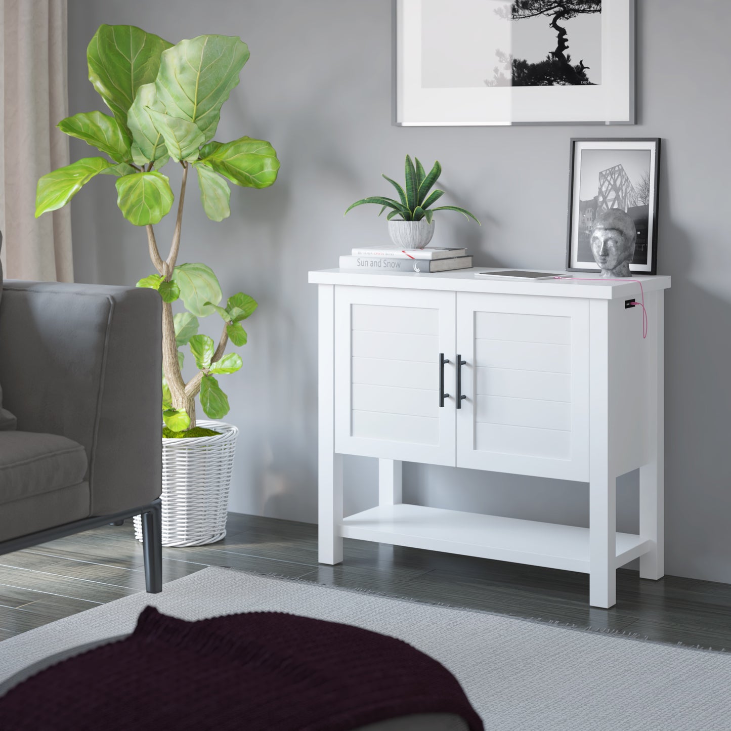 Console Table with USB Charging Ports and Louvered Doors