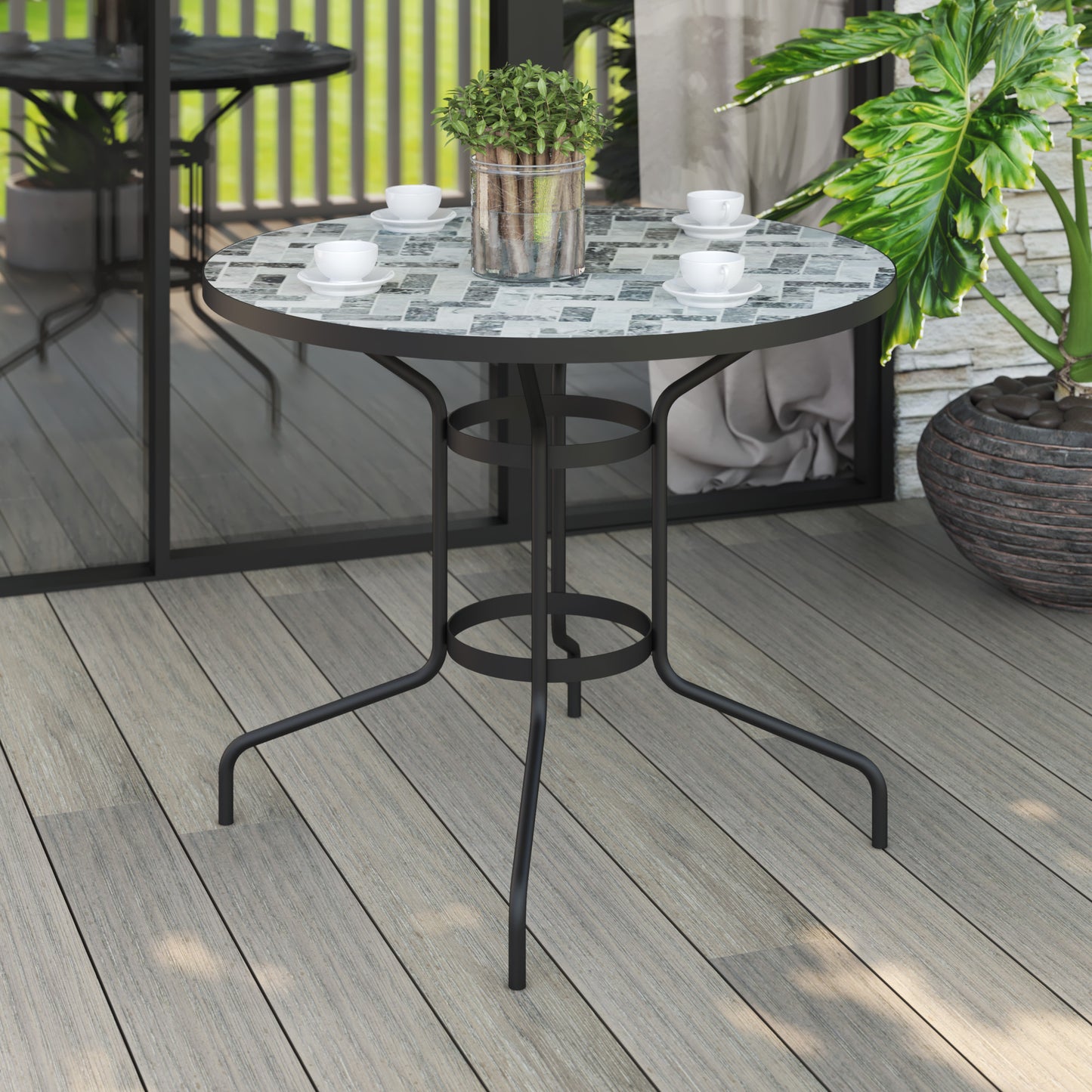 TK Classics Round Outdoor Dining Table with Gray Mosaic Tabletop, 35"W