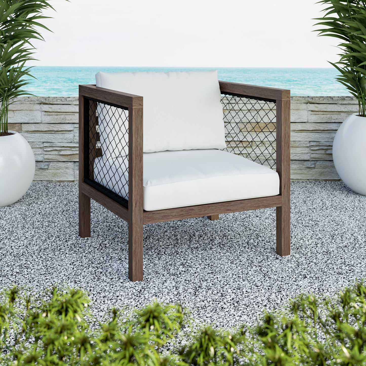 TK Classics Outdoor Acacia Club Chair with Black Wicker and Cushions