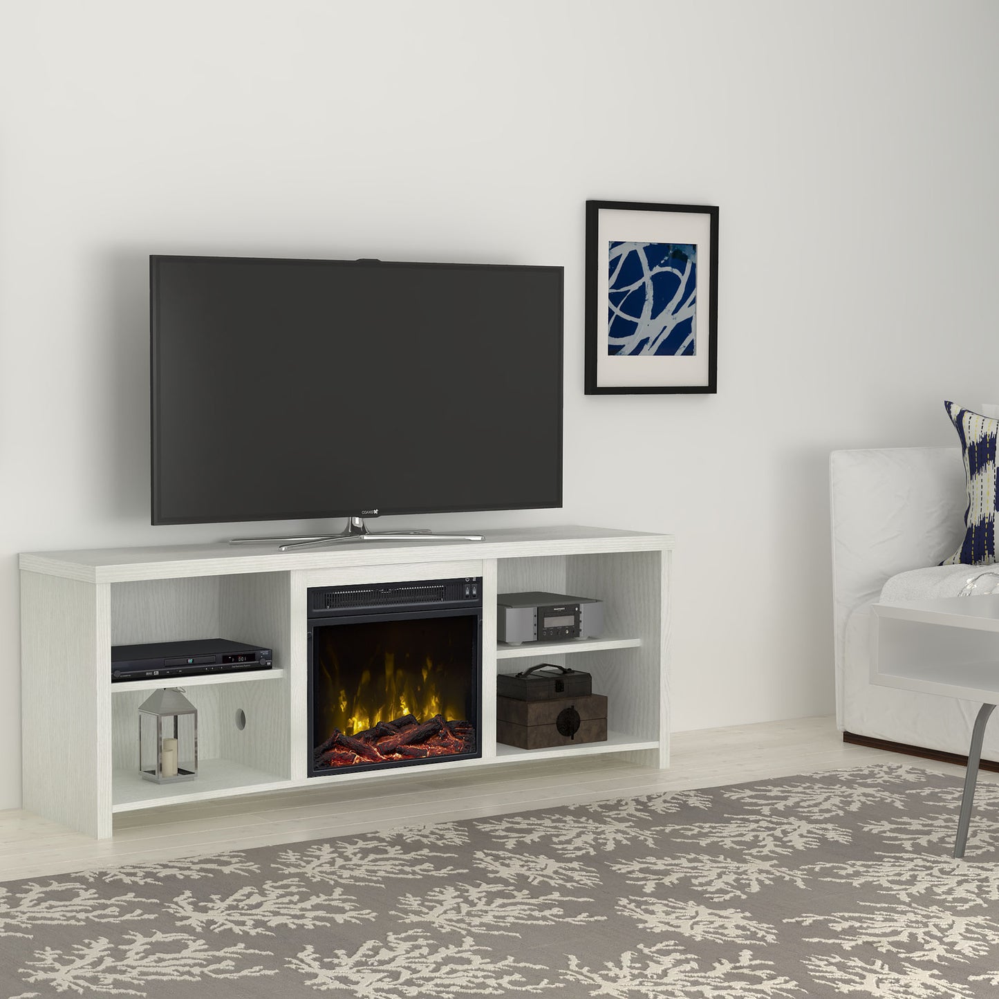 Shelter Cove TV Stand for TVs up to 65" with Electric Fireplace, Valley Pine