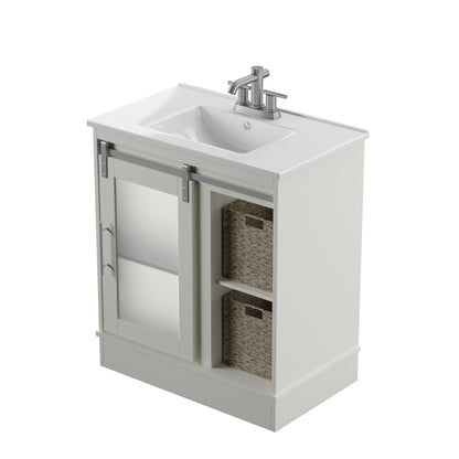 30" Contemporary Sliding Barn Door Single Bathroom Vanity with Woven Baskets