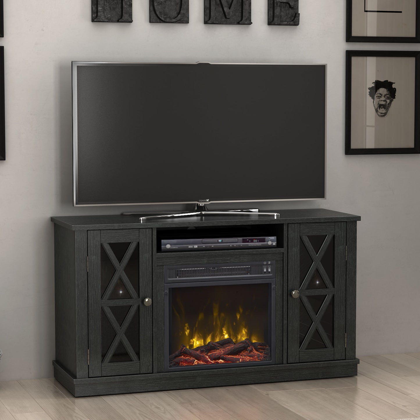 TV Stand for TVs up to 55" with Electric Fireplace and Glass Doors with X Mullions
