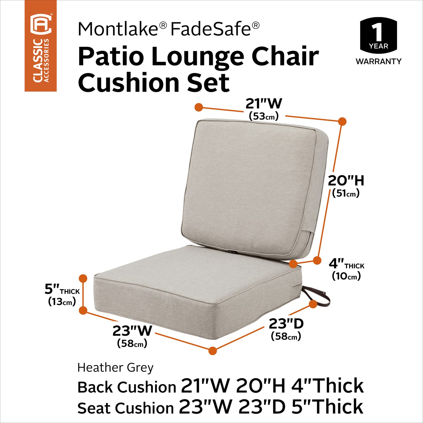 Classic Accessories Montlake FadeSafe Weatherproof Outdoor Chair Cushion, Set of 2