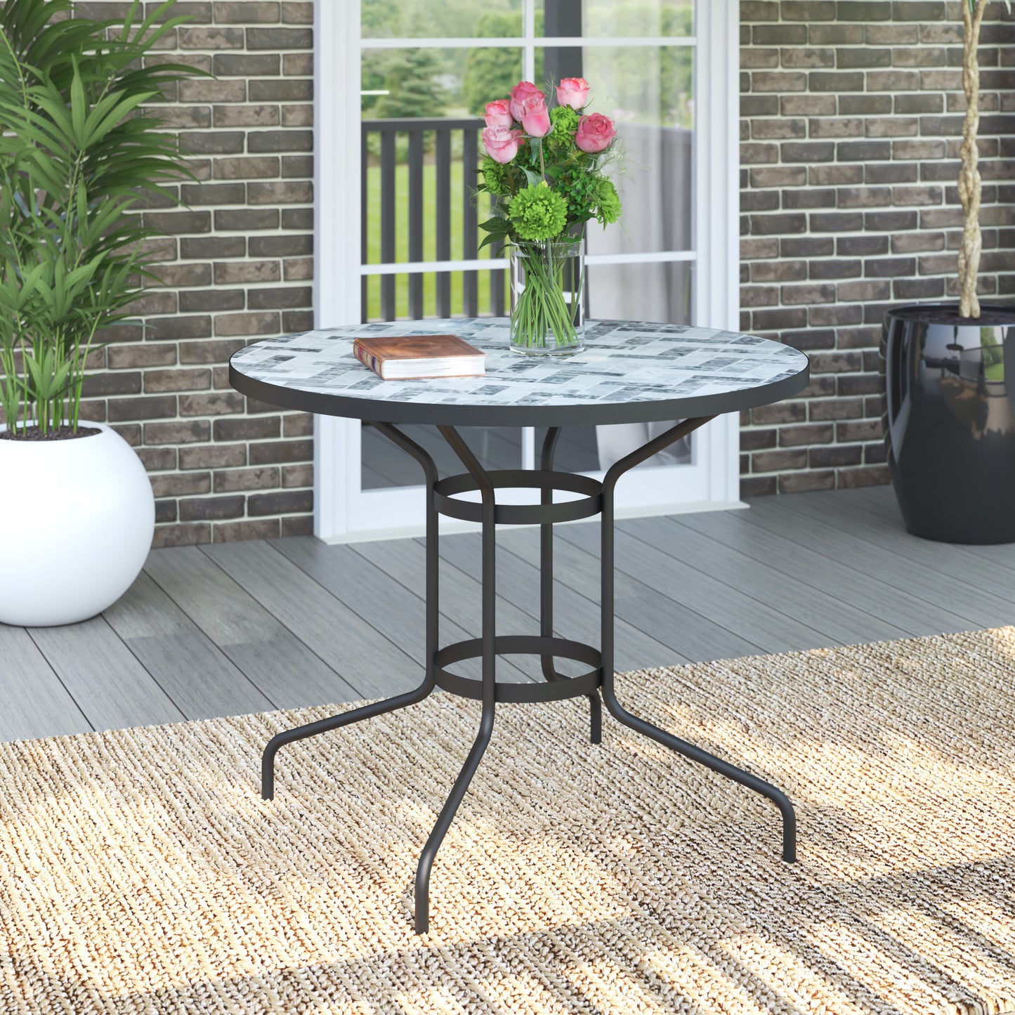 TK Classics Round Outdoor Dining Table with Gray Mosaic Tabletop, 35"W